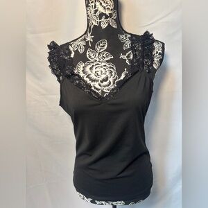 Buckle Black Lace Trim V-Neck Tank